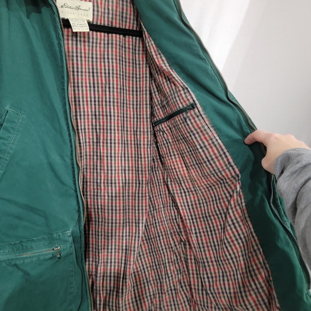 VTG Eddie Bauer Goose Down Jacket Small Women Green Cotton Leather, Hiking Chore - Picture 11 of 16